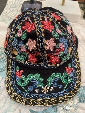 Brand New! Embroidered Floral Black Cap with Multicolor Beading